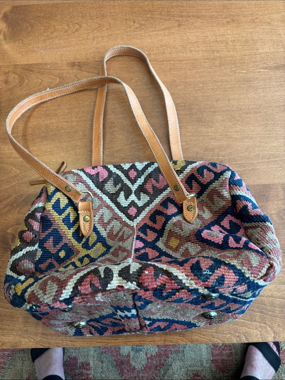 Boho Woven Multicolor Tote Bag with Tan Leather Straps